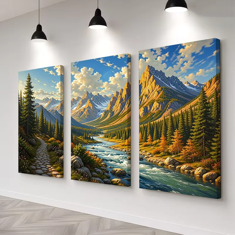 Triptych DIY Diamond Painting Trails,Rivers,Forests,Clouds Natural Landscape Diamond Embroidery Mosaic Handmade Wall Decoration