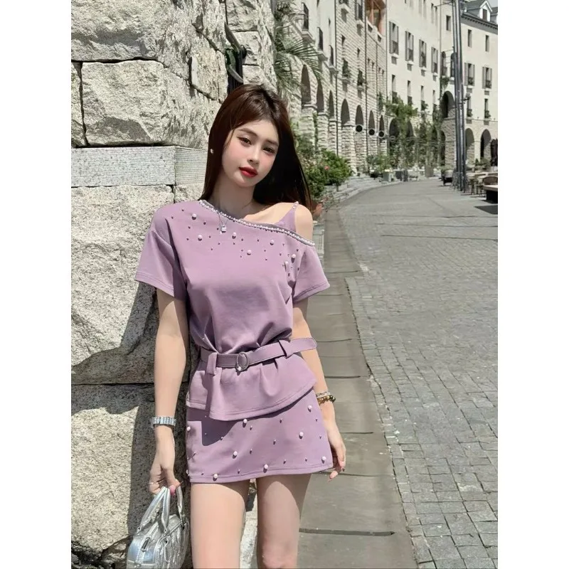 

New Korean Fashion Women's Two Piece Set Beaded Slanted Shoulder Short Sleeve Pullover Top + Mini Skirt Sweet Girl Outfit Y2k