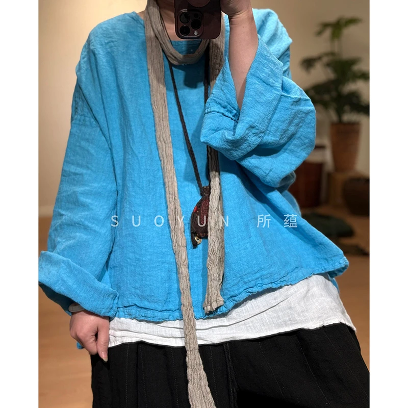 

2026 New Arrival Spring/autumn Casual Loose Vintage Asymmetry Cotton Linen Tops Tees O-neck Long Sleeve Women's T-shirt S189