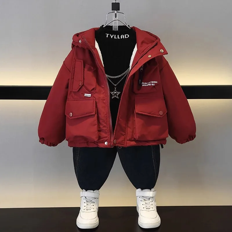 

Thiened Fce Lined Cotton Jaet for Boys Winter Parka Baby Cotton Clothes Autumn Winter Outfit Stand Fit Waterproof