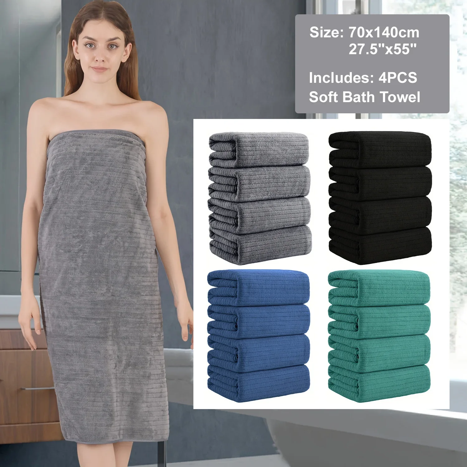 4PCS Bath Towels Set Large Towel Microfiber Absorbent Super Soft Bathroom Quick Dry Shower Towels for Home Adults Family Hotel