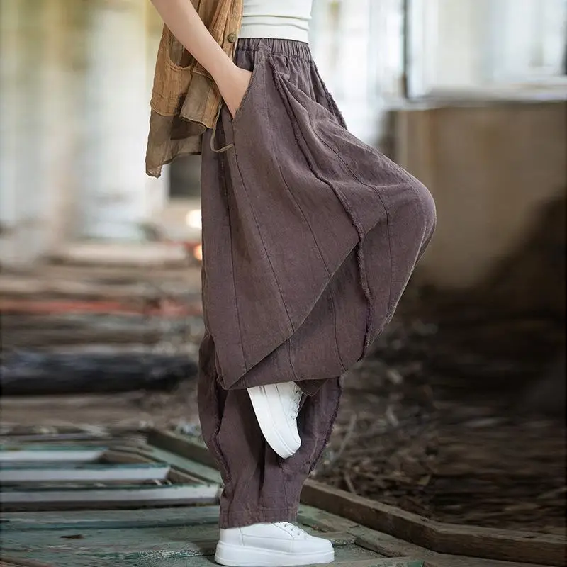 ใหม่ 2025 ฤดูใบไม้ผลิฤดูร้อนศิลปะสไตล์ผู้หญิงเอวผ้าฝ้ายผ้าลินินกางเกงขากว้าง Patchwork หลวมสบายๆความยาวกางเกง 3119