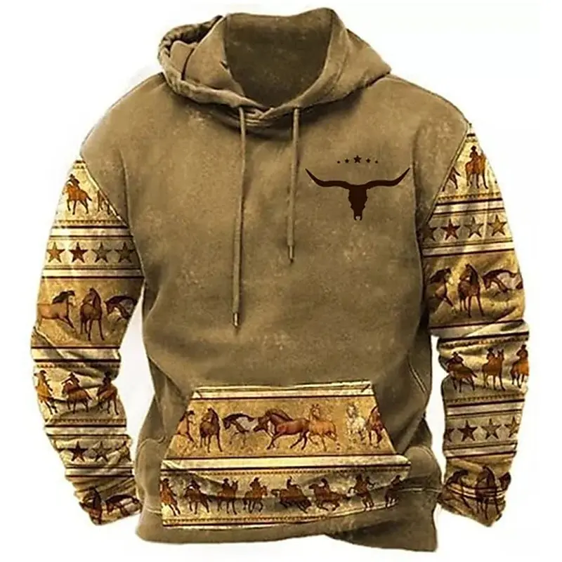 Western Cowboy Heren Hoodie Herfst En Winter Heren Kleding 3d Geprint Patroon Sweatshirt Retro Hoodie Nieuwe Mode Pullover