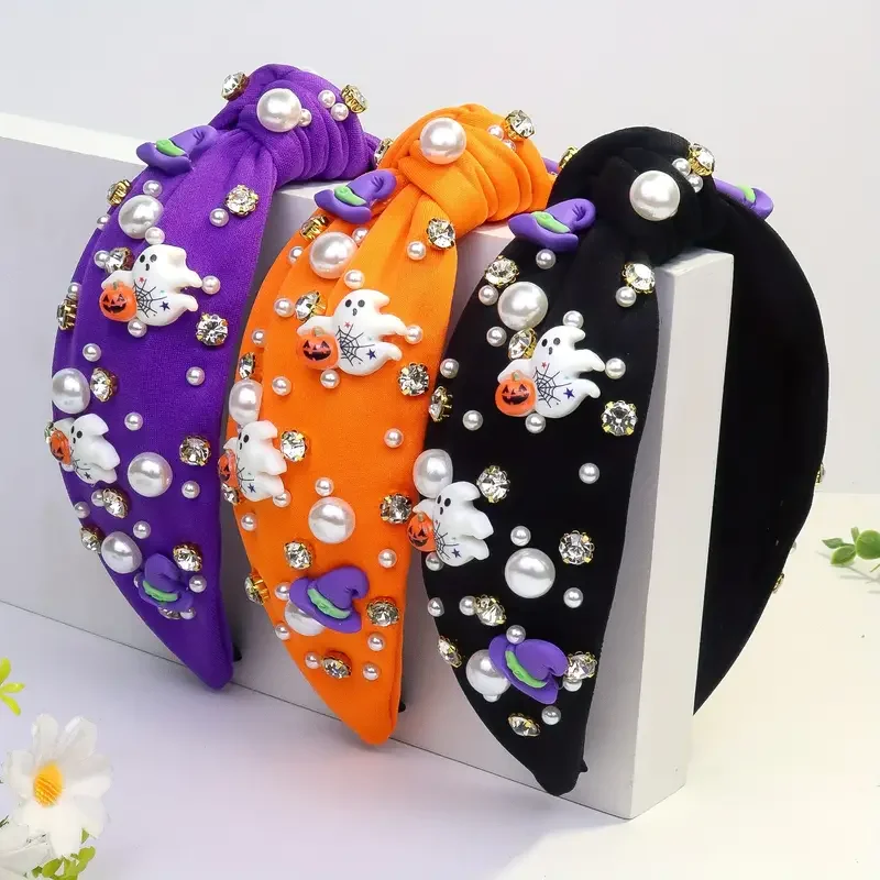 

Леди Хэллоуин милый призрак газета тыква жемчуг горный хрусталь сплошной цвет тканевый узел ободок для волос