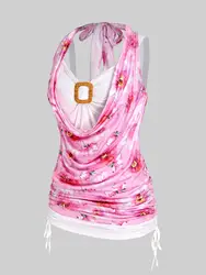 ROSEGAL Plus Size Ruched Backless Tank Top Light Pink Flower Printed Draped Cinched Vest Women Summer Oversize Tops