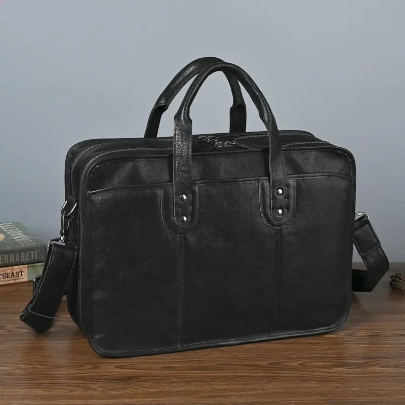 Genuine Leather Men's Briefcase with Multiple Compartments for Business