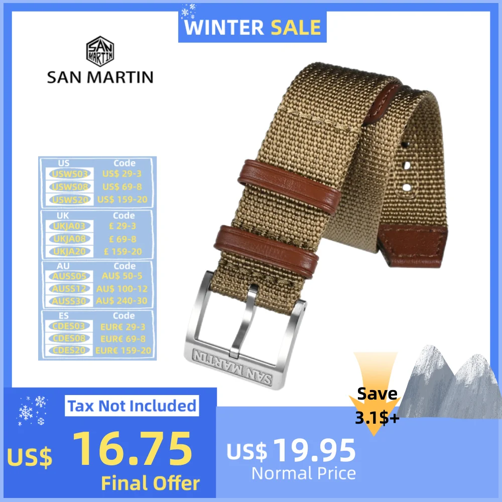 San Martin High Density Premium Nylon Watchband For Watch With 20mm Lug Width Solid Steel Pin Buckle Retro Leather Loops SN0105