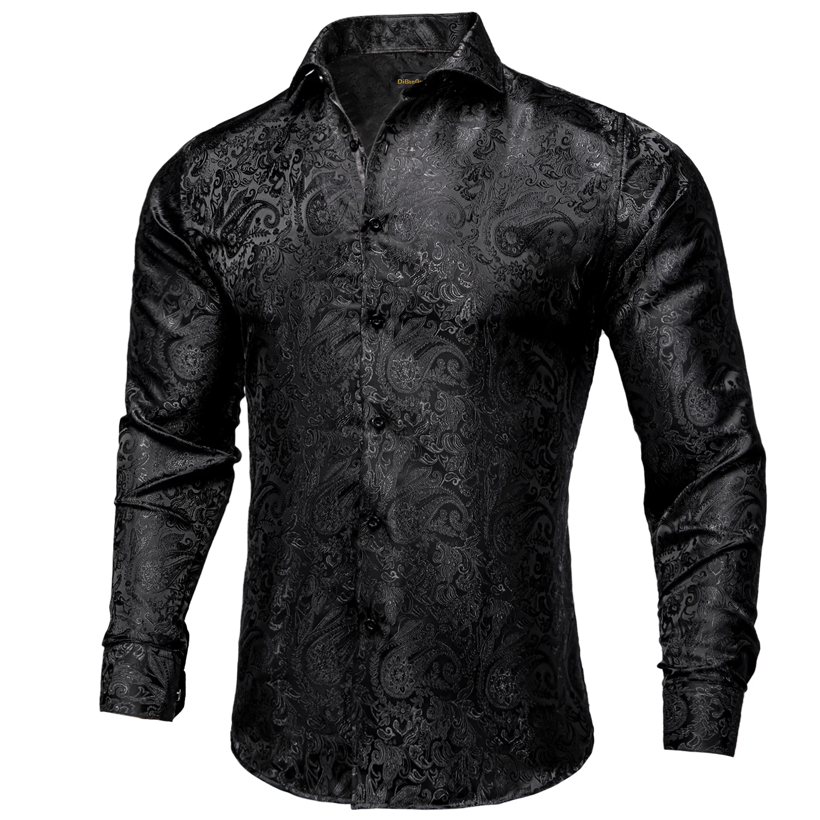 DiBanGu Silk Polyester Dress Shirts for Men Black Solid Paisley Red Silver Long Sleeve Turn Down Collar Prom Social Men\'s Shirt