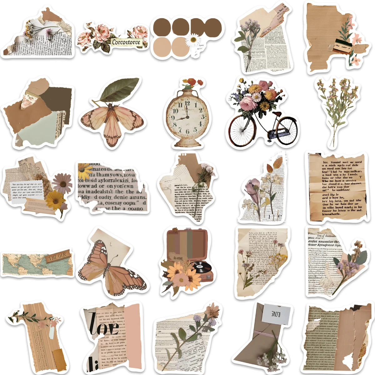 50PCS Retro Diary fragments Ins Brown Stickers Vintage For DIY Notebook Luggage Aesthetics Laptop Refrigerator Decal Decor