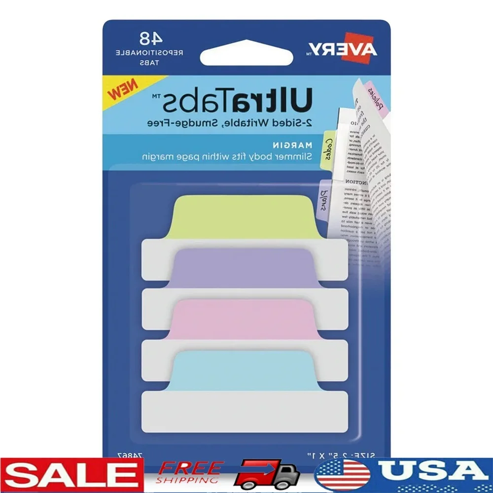 

48 Assorted Pastel Margin Tabs Writable Durable Page Flags Repositionable Sticky Indexing Document Markers School Office Use