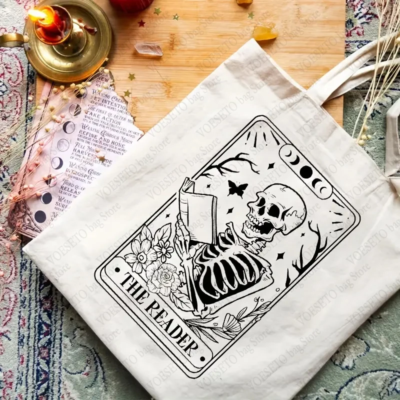 The Reader Skeleton Pattern Canvas Tote Bag Best Gift for Bookish Funny Graphics Shopping Bag for Daily Life Library Book Bags