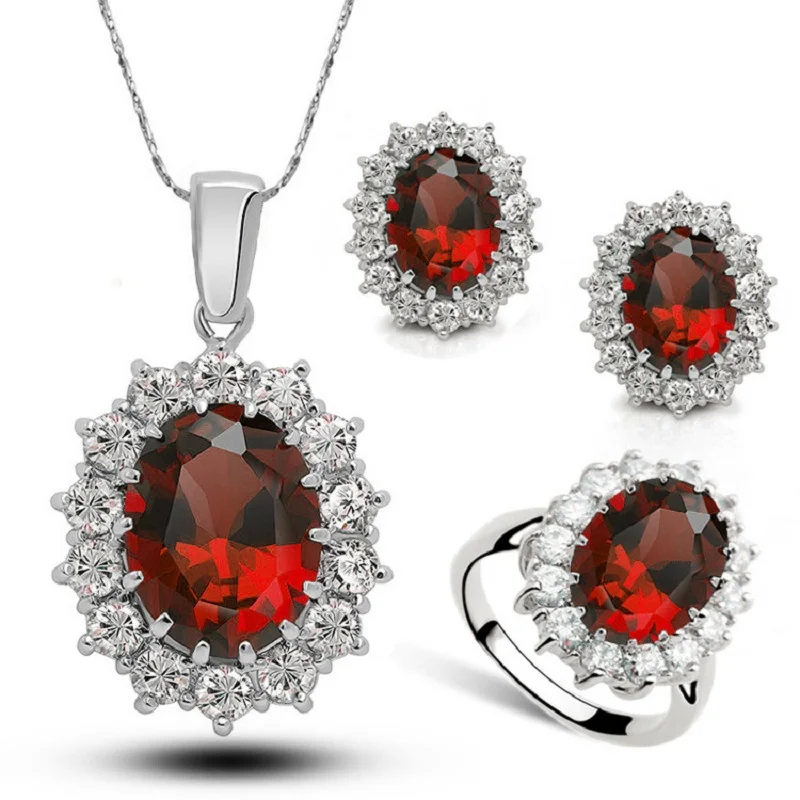 925 Sterling Silver Pendant Necklace Earrings Rings Jewelry Set For Women Girls Wedding Engagement CZ Cubic Zircon
