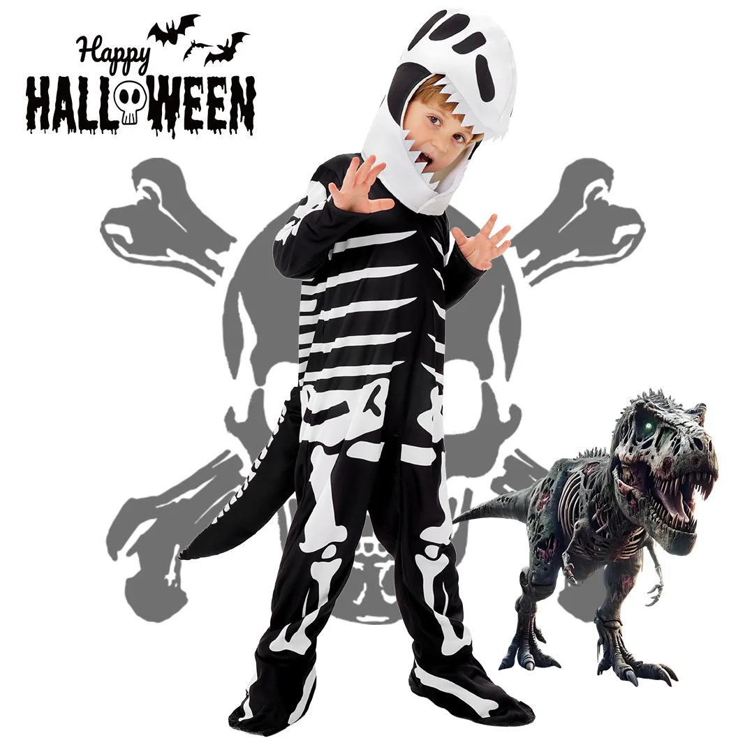 

New Halloween Children's Boys And Girls Horror Skeleton Tyrannosaurus Rex Jumpsuit Carnival Party Performance Cosplay Costume