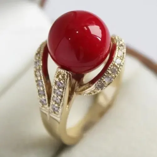 

18k GP White Inlay Crystal 12mm Red Shell Pearl Ring size: 7 8 9