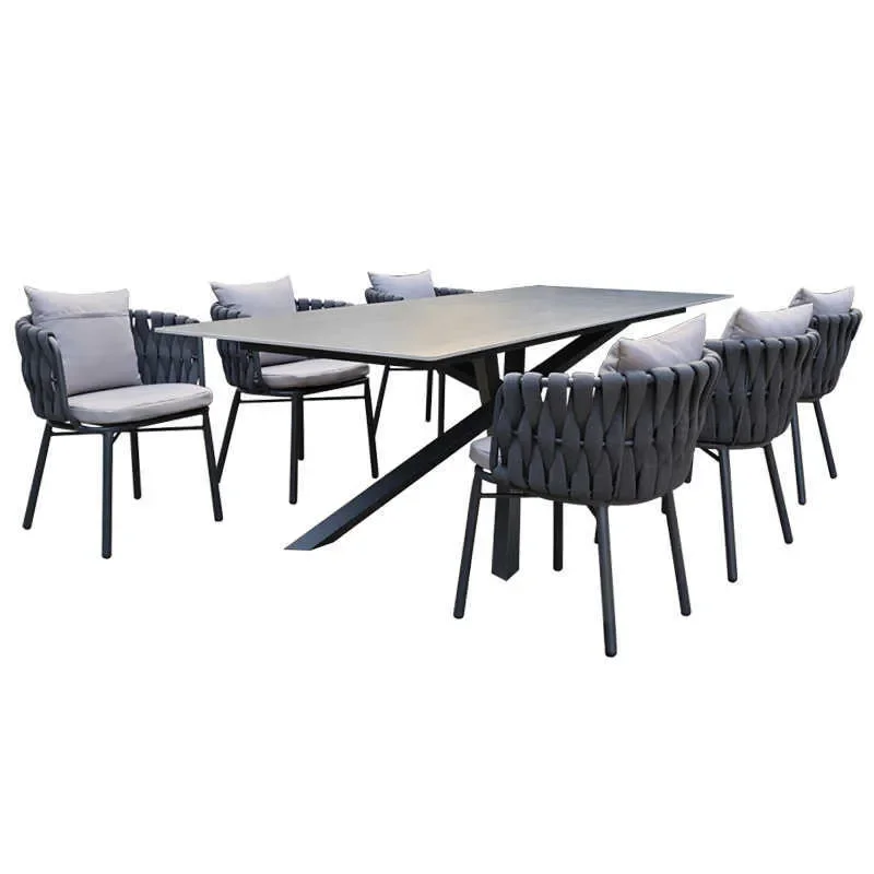 Luxury Rattan Patio Dining Set with Stone Top Table and Chairs for Villa Garden Balcony Outdoor Leisure Courtyard Furniture