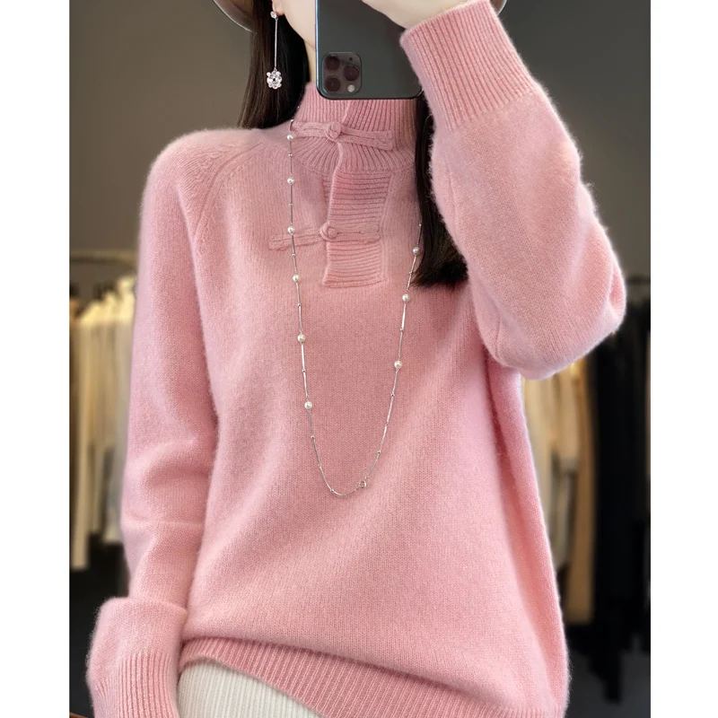 Autumn Winter 100% Pure Woolen Sweater Women's Vintage Half High Neck Loose Thickened Plate Button Pullover Versatile Foreigner