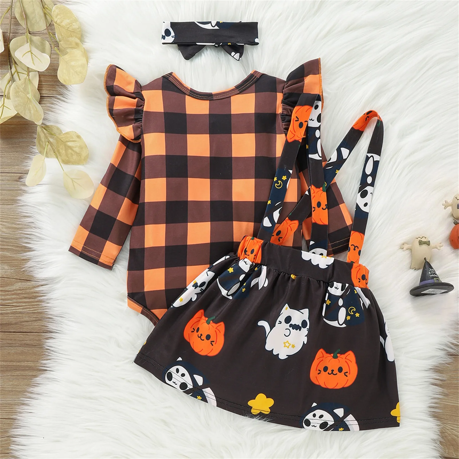 PatPat 3pcs Halloween Costumes Style Plaid Print Ruffle Decor Long-sleeve Orange Baby Halloween Clothes Set