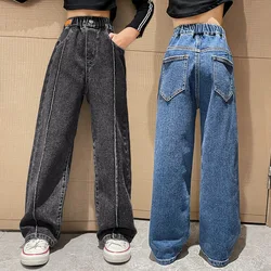 Jeans de perna larga vintage para meninas, calças retrô retas soltas, calças para adolescentes, moda primavera, outono, 6 8 9 10 11 12 14 anos