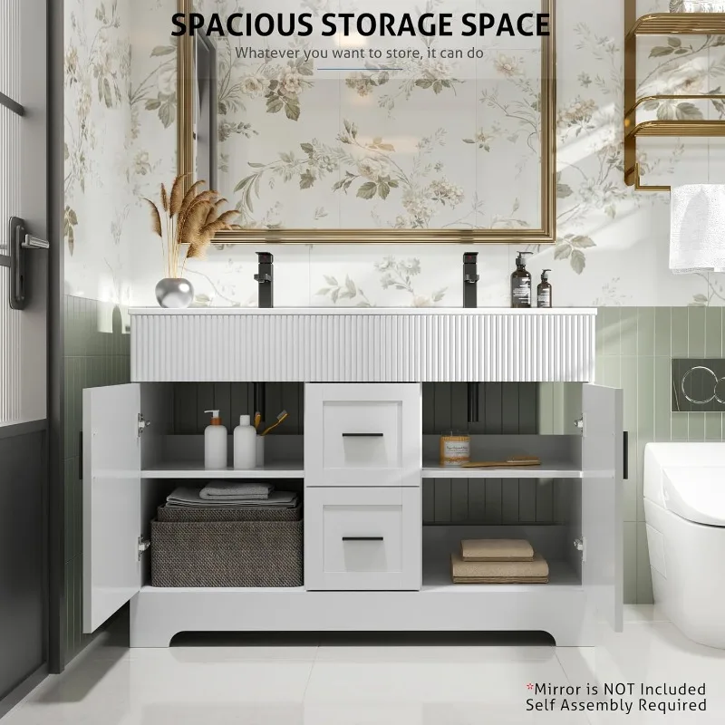 home.48" Lavabo da bagno combinato con superficie verniciata, mobiletto moderno con cassetti e linee ondulate decorative, sottopiano D