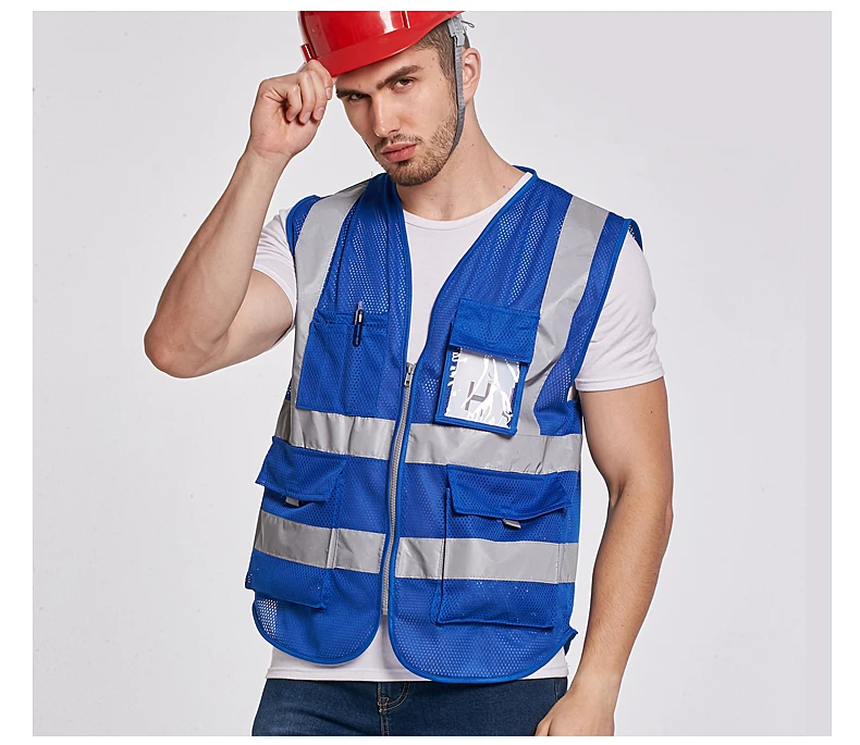 Construction blue reflective vest with pockets 