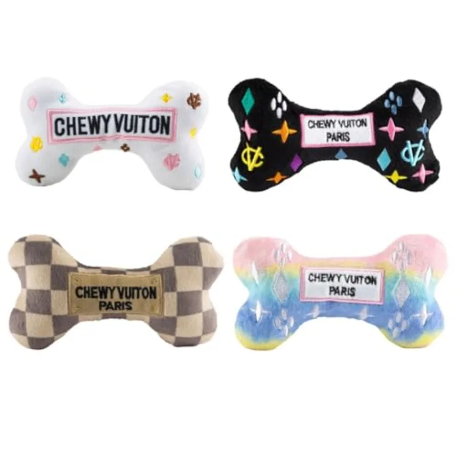 

Medium Chewy Vuiton Bones Plush Dog Toys for Small Medium and Large Dogs 4-Pack Durable Stuffed Designer-Inspired Pet Toys with