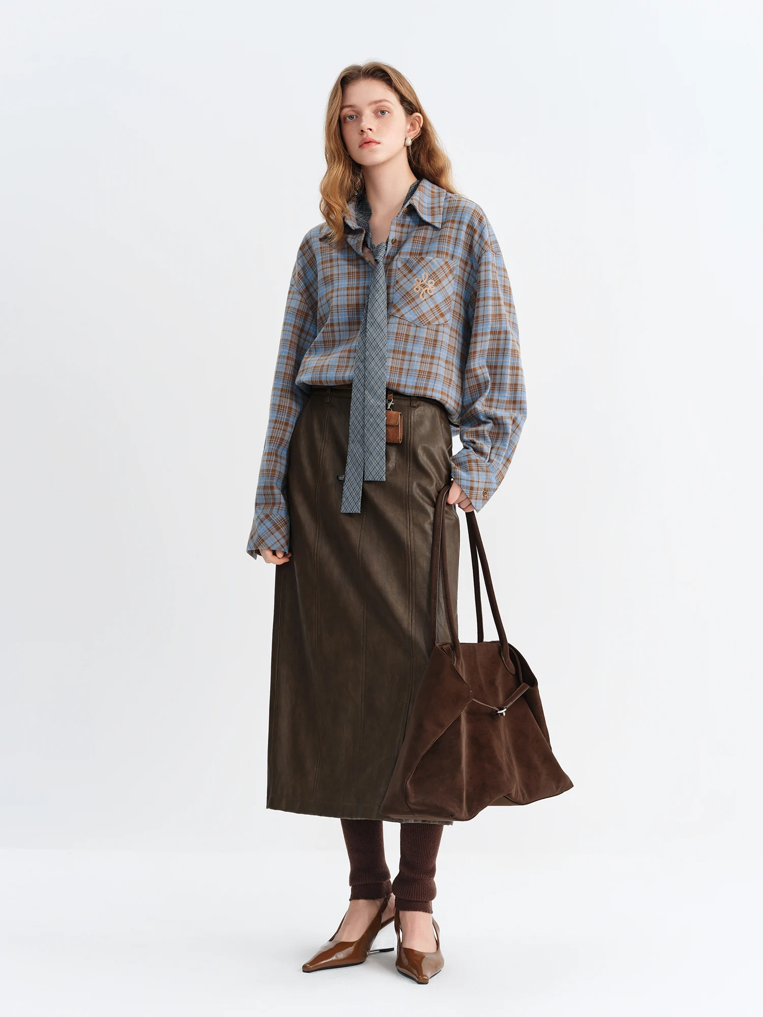 Spódnica midi damska FSLE 2025 zimowa, retro, z wysokim stanem, ze skóry PU - uniwersalna spódnica o kroju litery A, ołówkowa, do pracy, na co dzień.