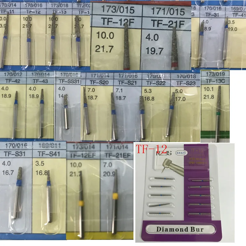 10 x 10pcs/pack Dental Diamond Bur TF Series Flat Drills for High Speed Handpiece Polishing Whitening Tools