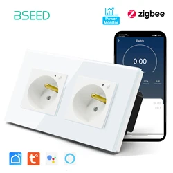 Podwójne gniazdo BSEED ZigBee Smart FR z potrójną ścianką francuskiego ouletu Monitor zasilania działa z Google Home Smart Life Alexa