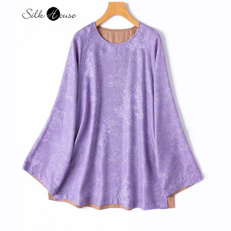 

Double Sided Loose 100% Natural Mulberry Silk Jacquard Flower Luo Round Neck Long Sleeved Women's Purple Coffee Casual T-shirt