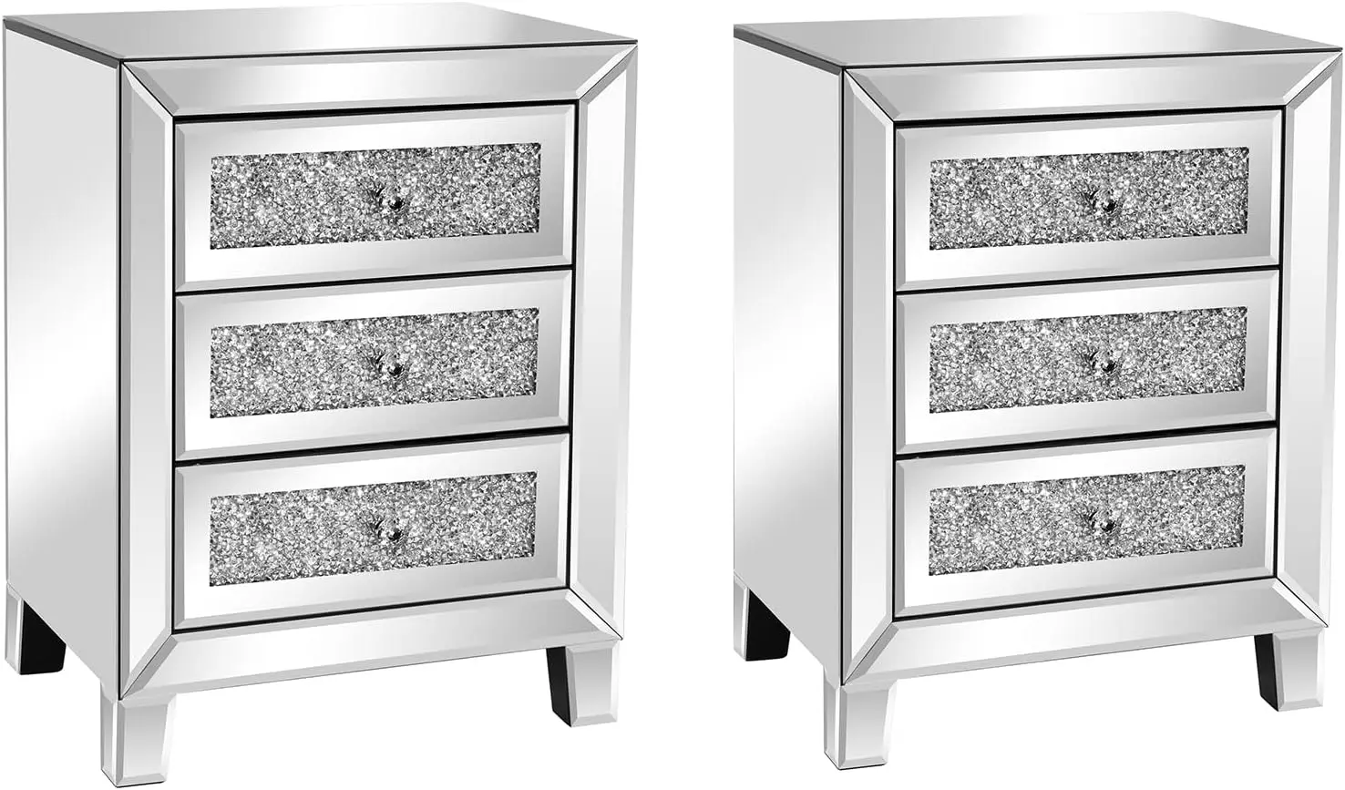 Mirrored Nightstand Set of 2 Mirrored Side End Table for Living Room Glass Silver Nightstand Crushed Glass Mirror Night Stand