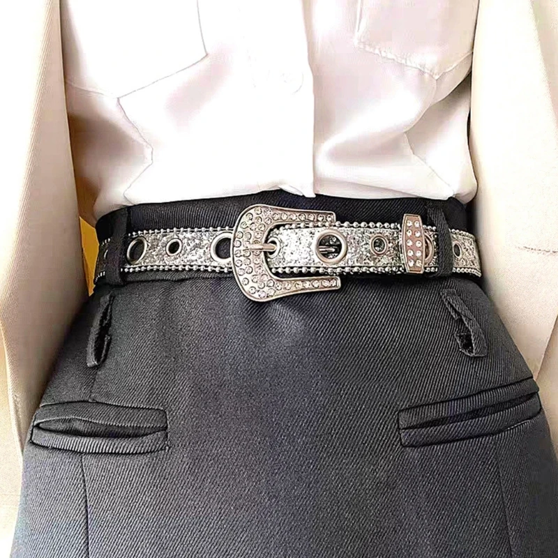 Verstelbare Pin Gesp Taille Riem Harajuku Volledige Pailletten Riem voor Jeans Rok T8NB