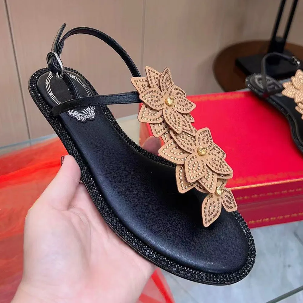 

2024 Women's Flat sandals Genuine leather sole Diamond inlay Sexy High Quality Luxury Design Comfortable foot feel