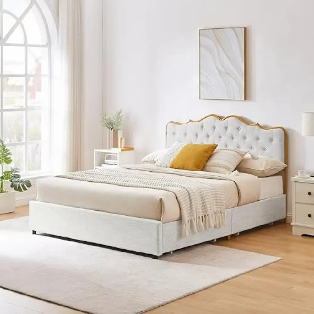 

King Velvet Upholstered Platform Bed with 4 Drawers, Platform Bed Frame with Button Tufted Headboard for Bedroom