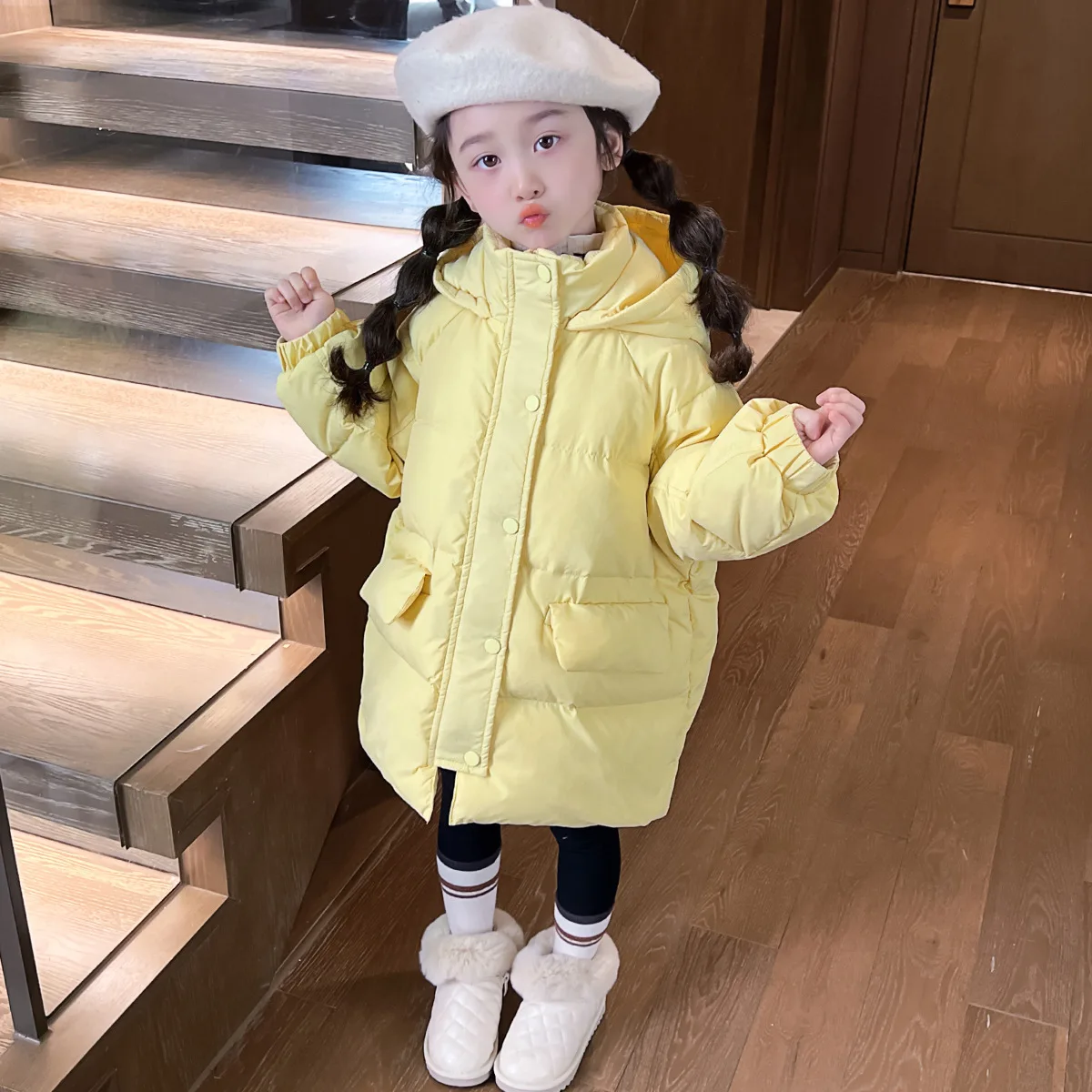 2024 Winter Children Girls Parkas Ins Solid Thicken Warm Kid Girls Bread Outerwear Cotton Padded Hooded Baby Girl Snowwear Coats