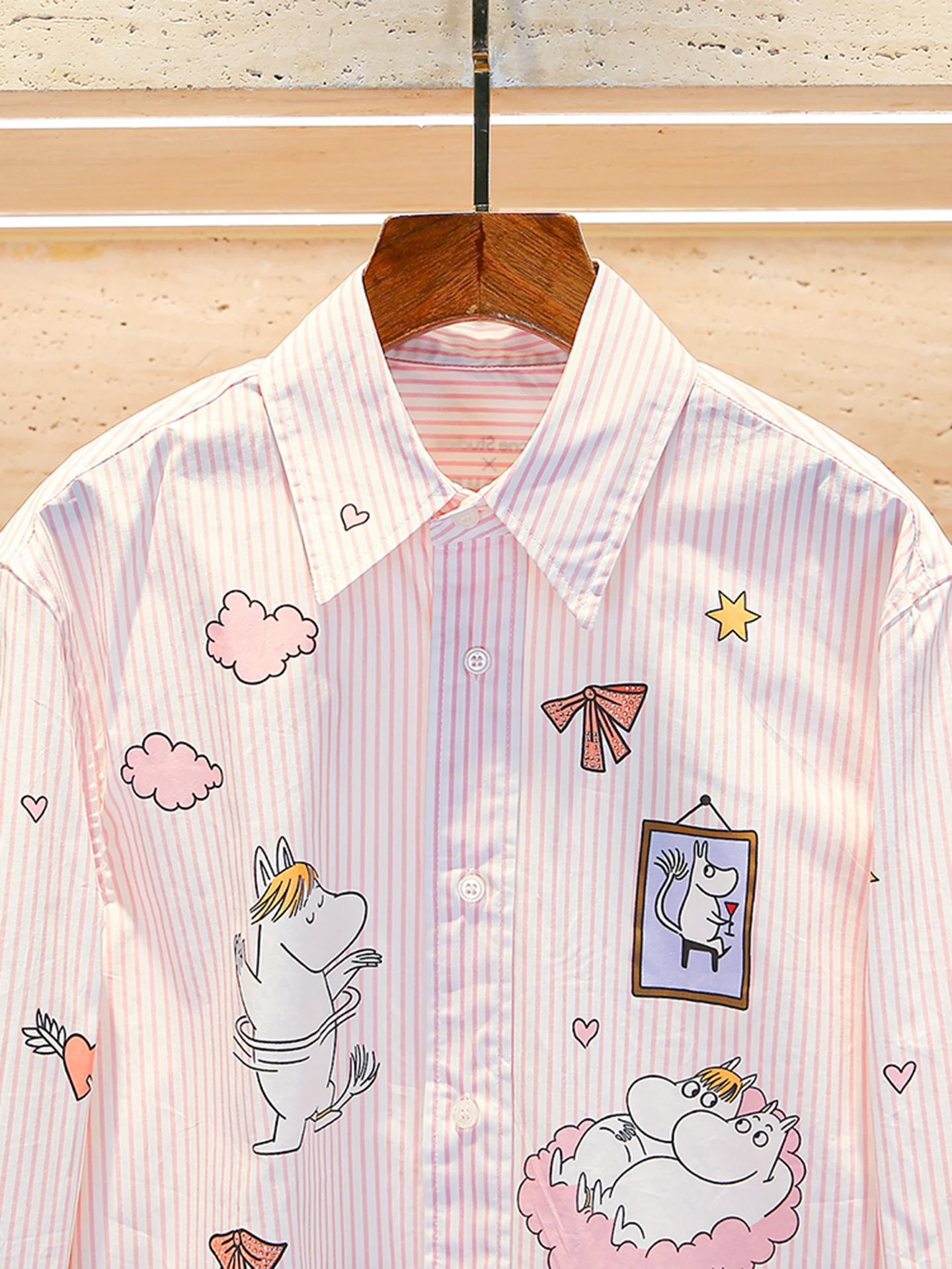 Doux rose rayé dessin animé imprimé femmes irt décontracté trajet Sle coupe ample longue Sve boutonné irt pour l'automne