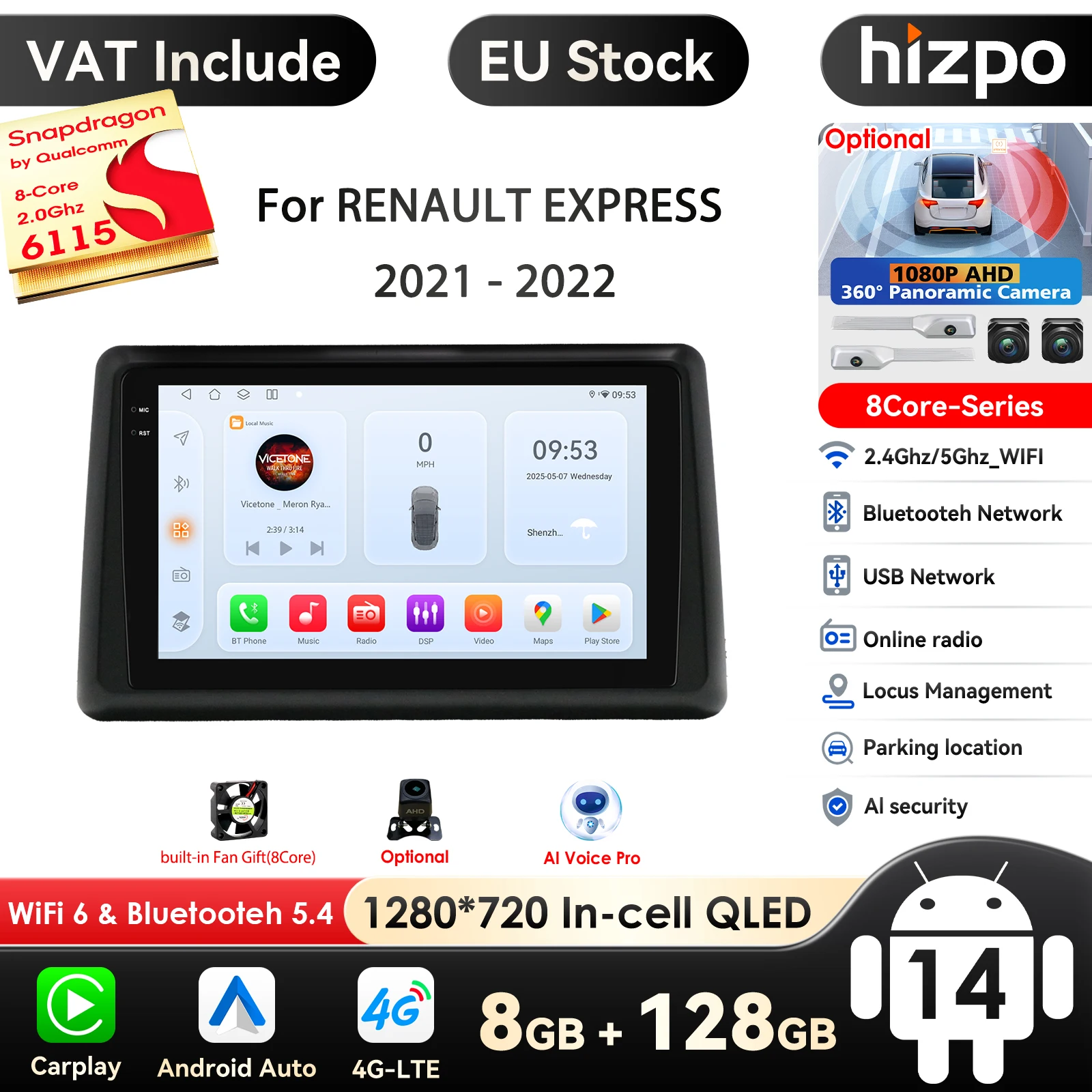 Hizpo Android Autoradio für Renault Express 2021-2022 Multimedia Player Stereo GPS WIFI + 4G Carplay Auto Video 360 °   Kamera Audio