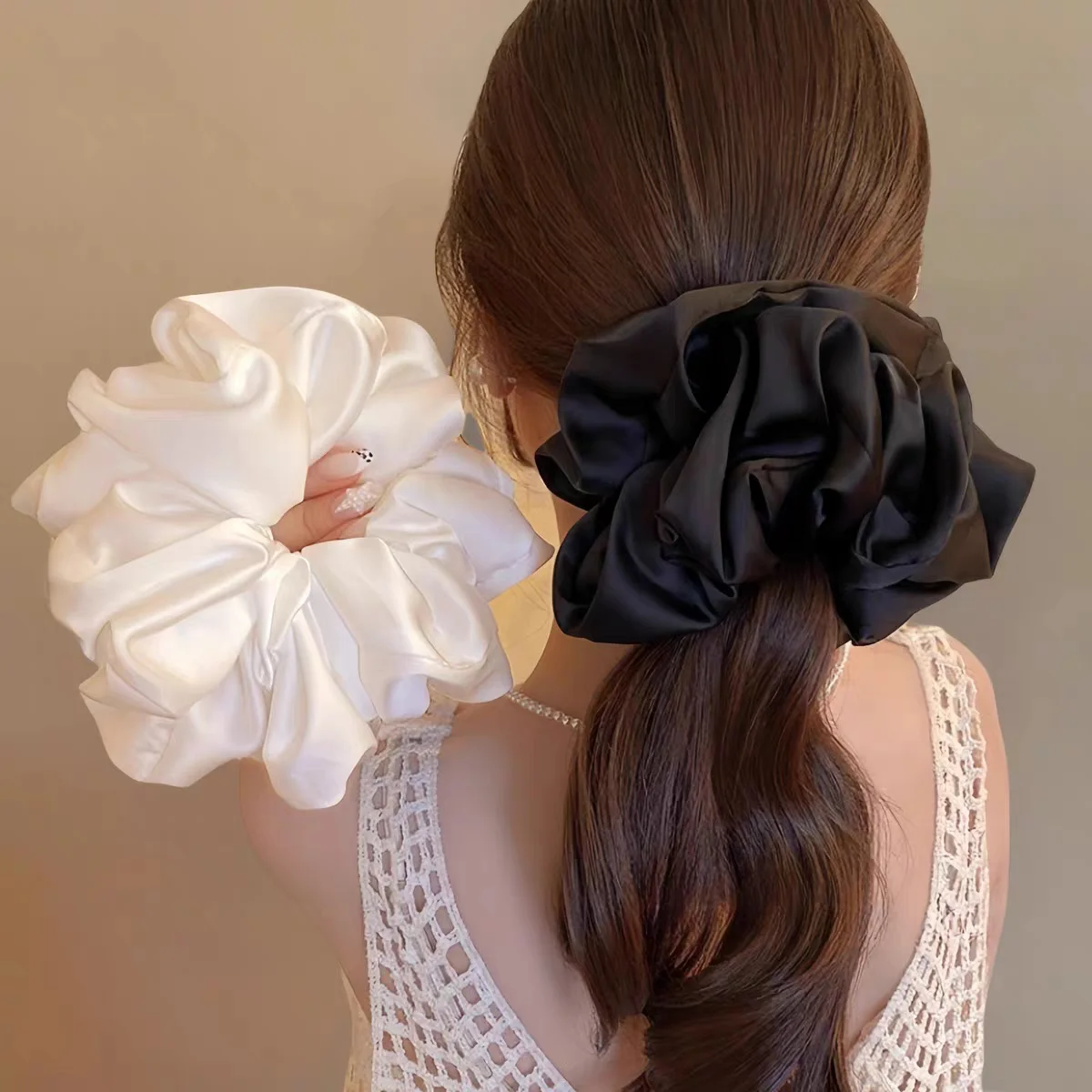 1pc, Highly Ruched Pure White Romantic Scrunchie, High-Quality Satin Hair Tie, Hair Ties, Scrunchy Hair Ties, Sport Ponytail