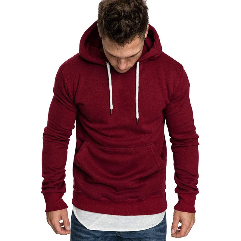 ผู้ชายใหม่สีทึบHooded Pulloverผู้ชายHoodieแนวโน้มแฟชั่นแขนยาวHoodieกลางแจ้งMature Men's Pocket Hoodie