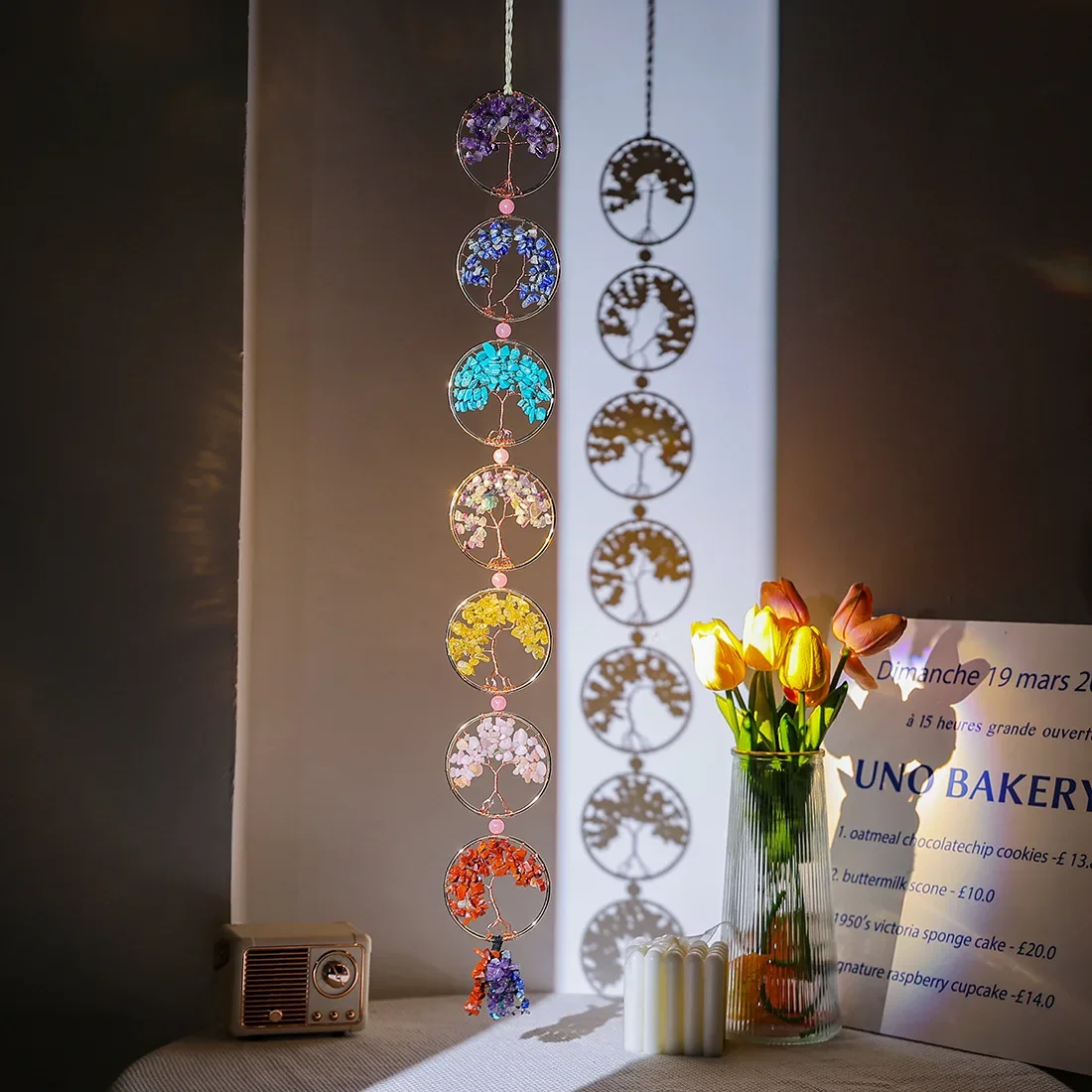 7 Rings Chakra Stone Life Tree Crystal Dream catcher Wall Hanging Decor Room Indoor Window Car Hanging Garden Decoration Gift