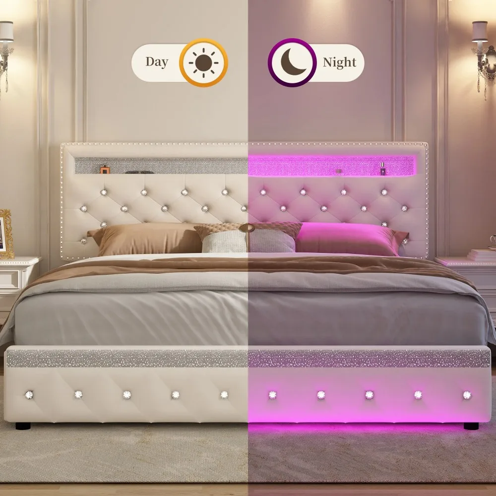 Full LED Bed Frame with Adjustable Headboard, Storage Drawers & Side Pockets, Velvet Cream bed