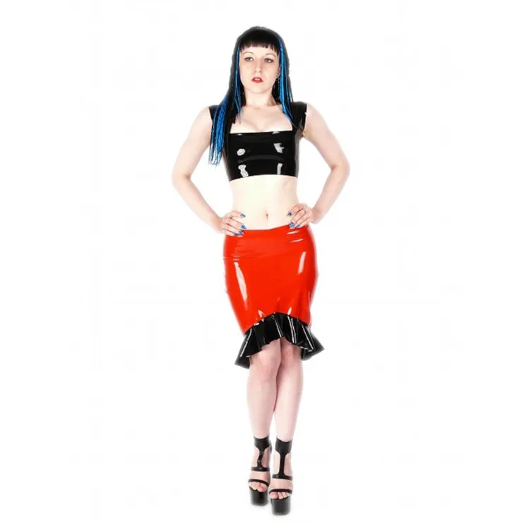 

Latex 100% Rubber black with Red Ruffle dress maid skirt Suit Halloween Masquerade S-XXL