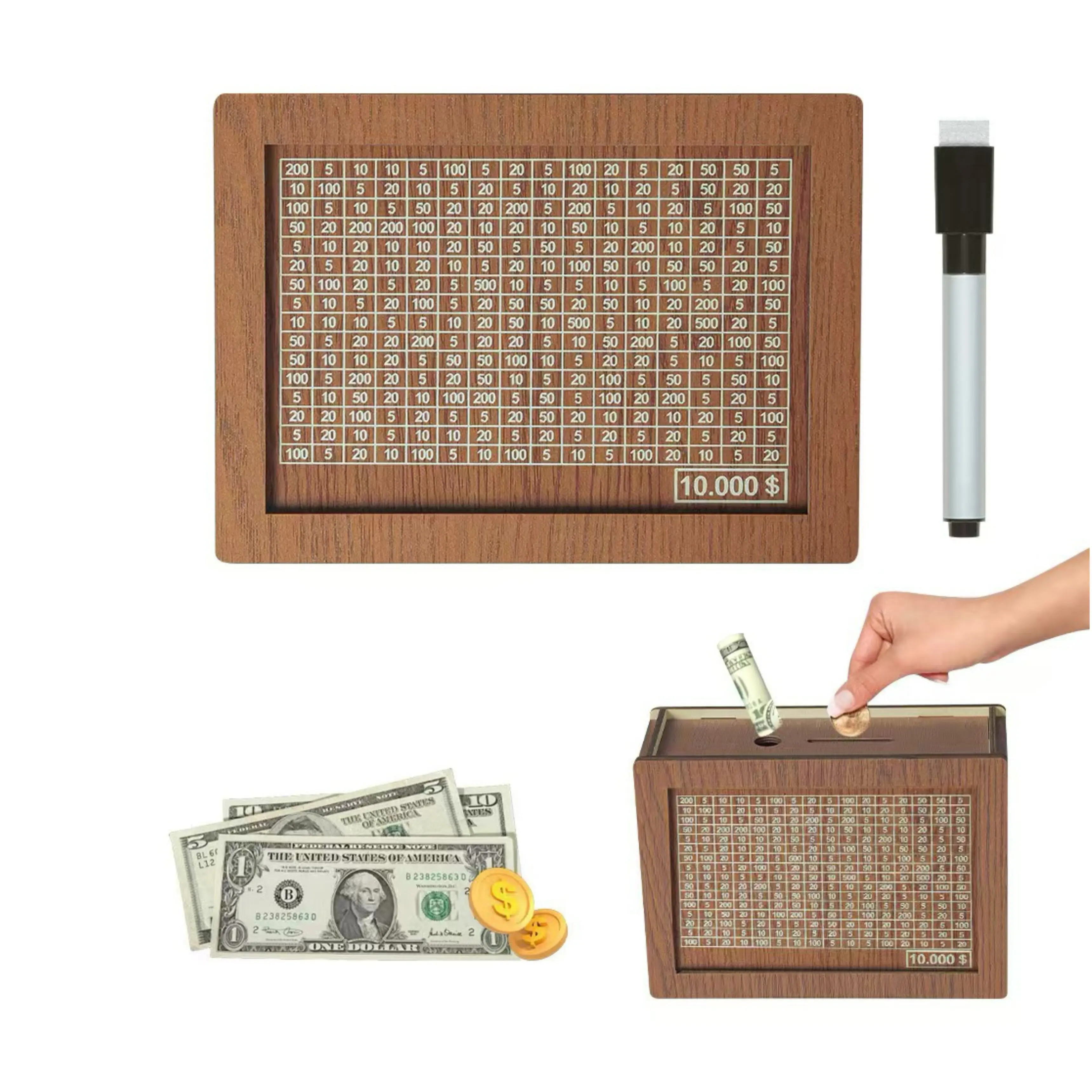€1000 Money Box Wooden DIY Piggy Bank Safe Deposit Box Savings Box Challenge cash storage box
