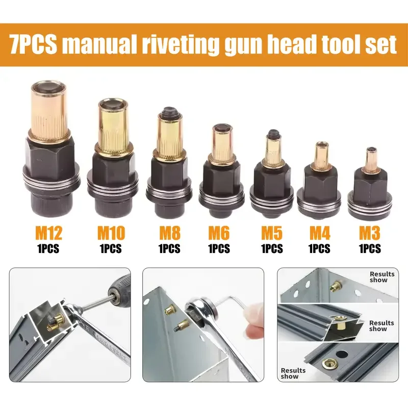 7pcs/set  Hand Rivet Nut Head Rivet Nut Tool Manual Riveter Rivnuts Tools Accessory for Nuts M3 M4 M5 M6 M8 M10 M12