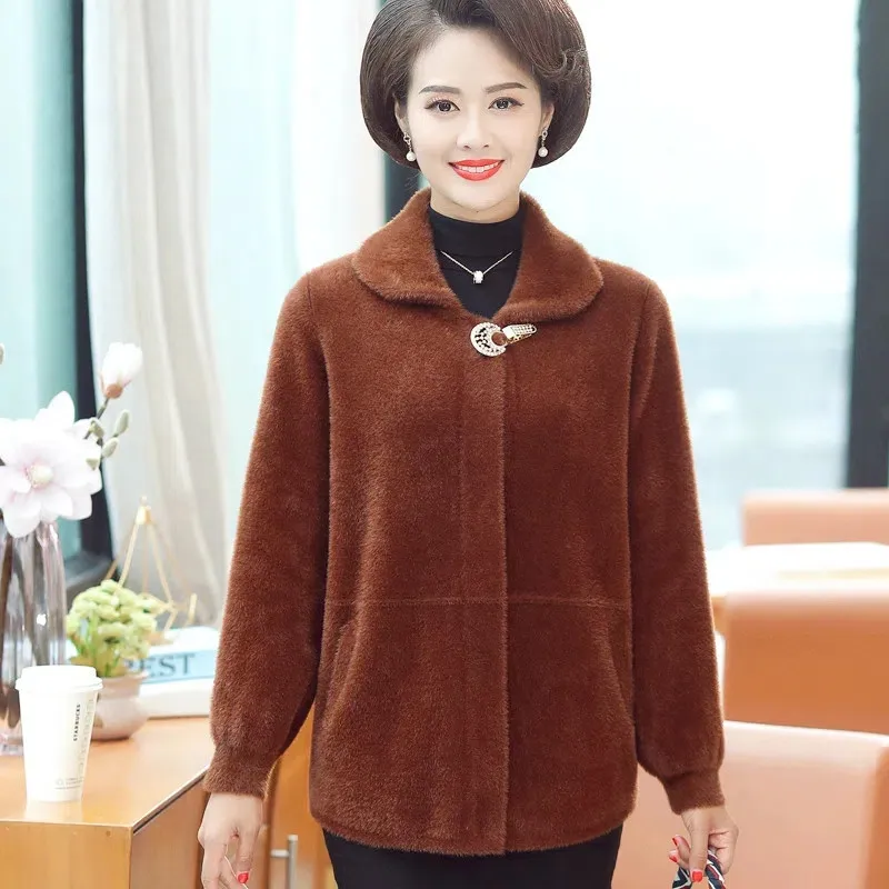 Imitation Mink Velvet Sweater Outerwear Knitted Cardigan Coat Middle-Aged Elderly Women's Spring Autumn Jackets Tops Female