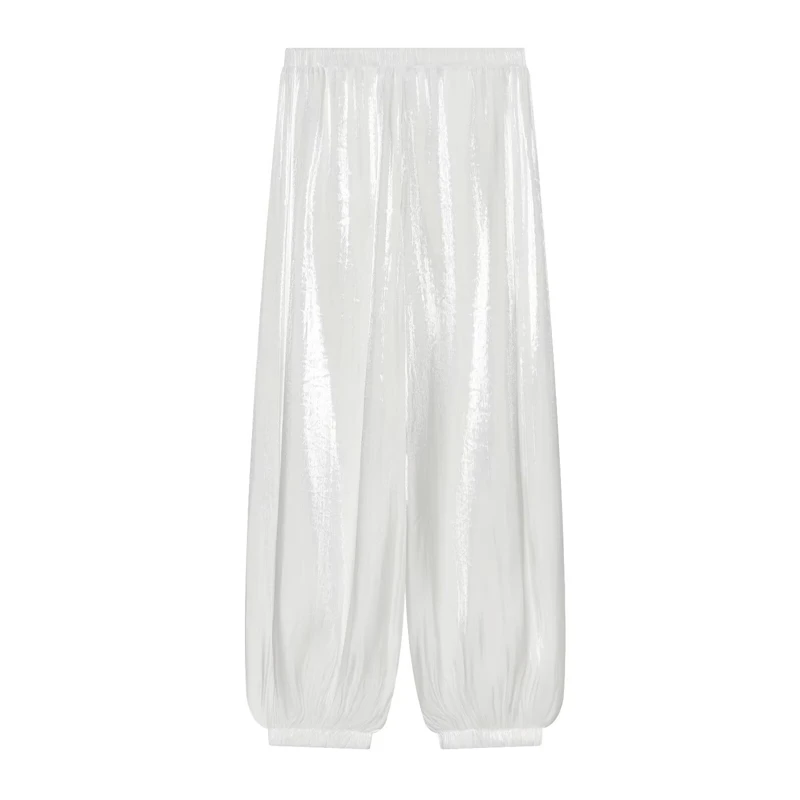 KEYANKETIAN 2026 Shiny Satin Harem Pants Elastic Waist Loose Wide Leg Cuffed Ankle Flowy Glossy Fabric Casual Lantern Trousers