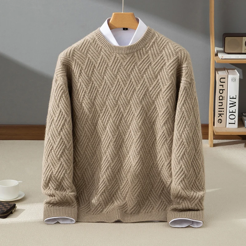 High quality 100% cashmere men's pullover knitted sweater Pull luxury Jumper round Neck thick Tops trendy men's streetwear