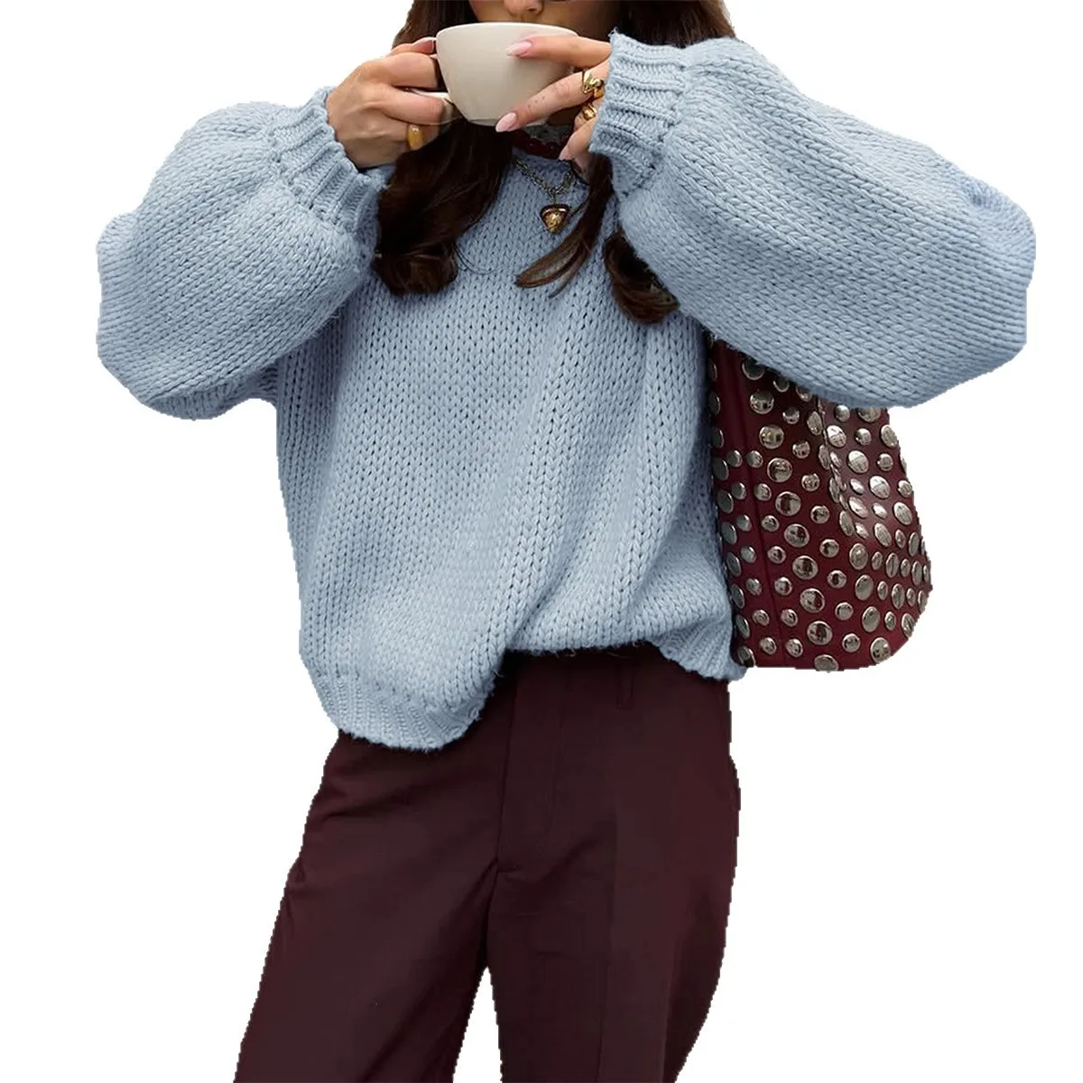 Sweter damski casualowy z okrągłym dekoltem i długim rękawem, jesienny top w stylu koreańskim, rozmiar M