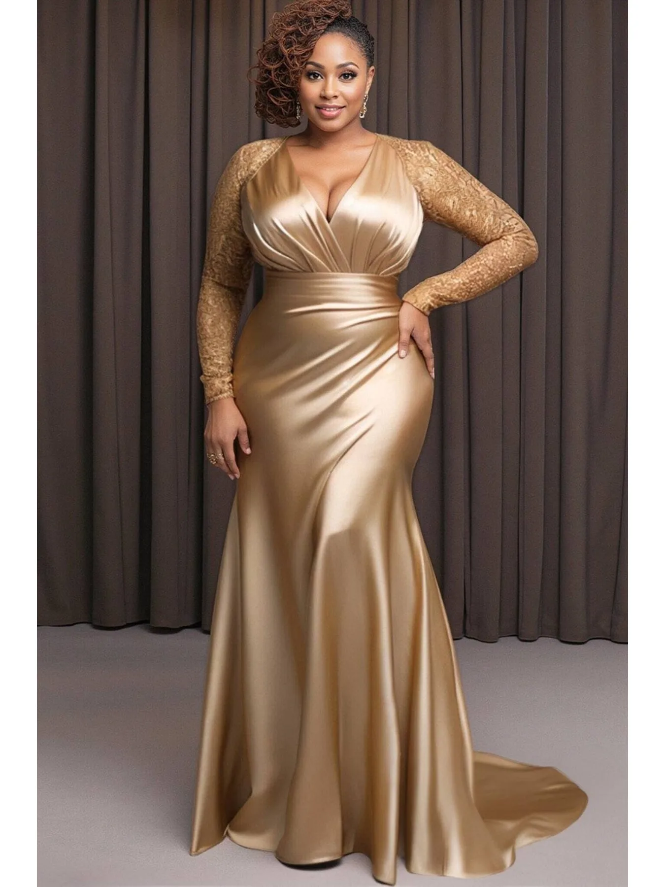 Vestido de noche de satén estilo sirena con cuello en V profundo, manga de encaje y cola, talla grande, para mujer, formal, para graduación, boda, invitada, ajuste curvy
