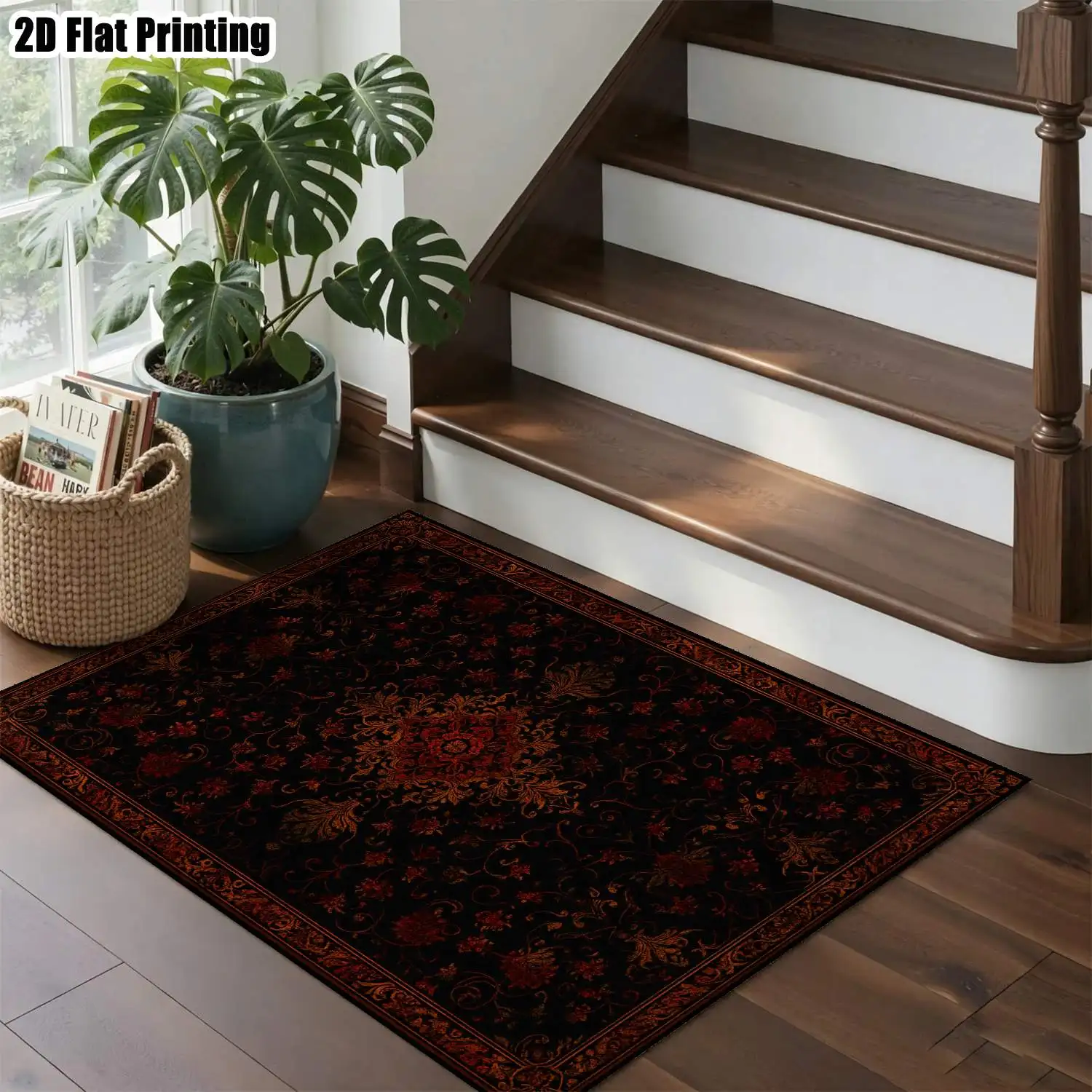 1Pc 2D Printed Retro Red-Black Floral Carpet: European Vintage Bohemian Geometric Pattern, Home Decor, Multi-Size, Machine Washable, for Entrance, Dining, Foyer, Bedroom, Living Room