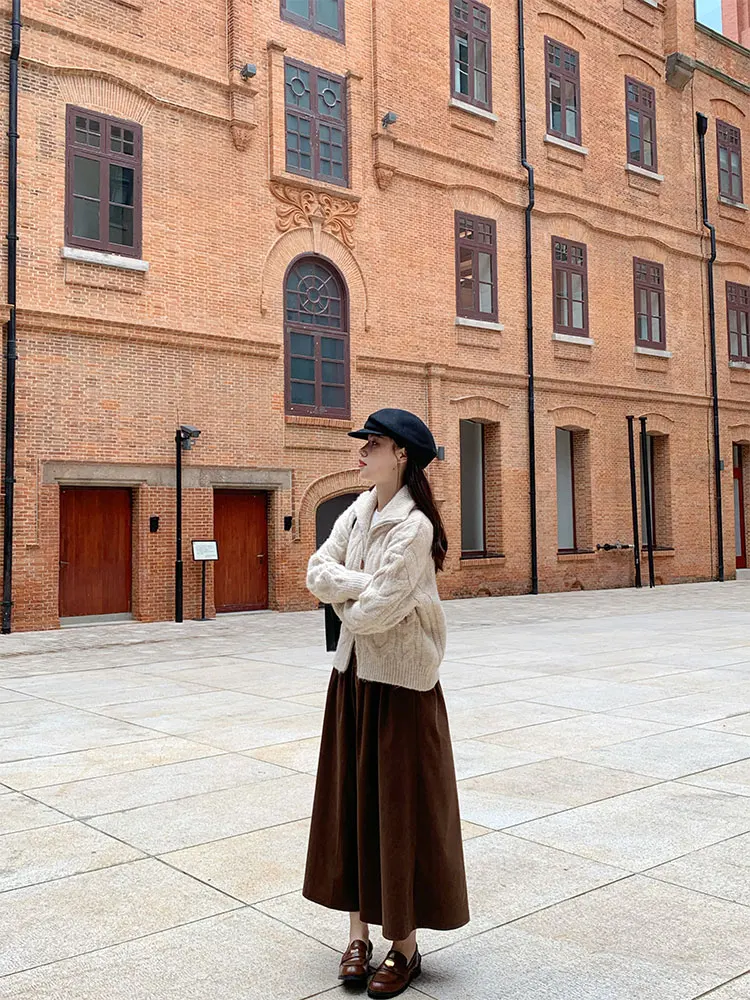 

Юбка А-силуэта с высокой талией из вельвета, дизайн «Арахисовый сахар», новинка весна-осень, универсальная, стройнящая, А-силуэт